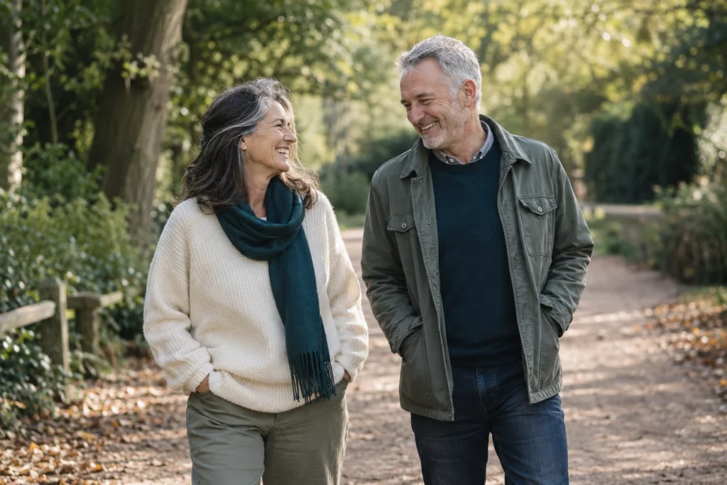 A couple walking together outdoors